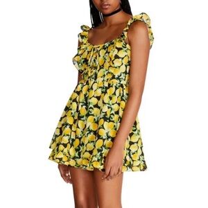Betsey Johnson Yellow Lemon-Print Ruffle Strap Mini Dress